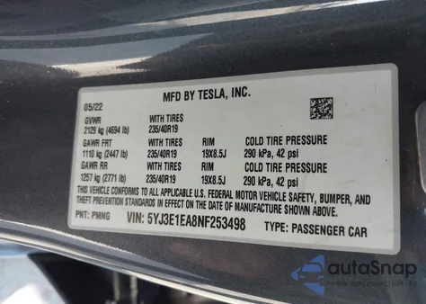 2022 Tesla Model 3 Rear-Wheel Drive z USA, uszkodzony, nr VIN 5YJ3E1EA8NF253498